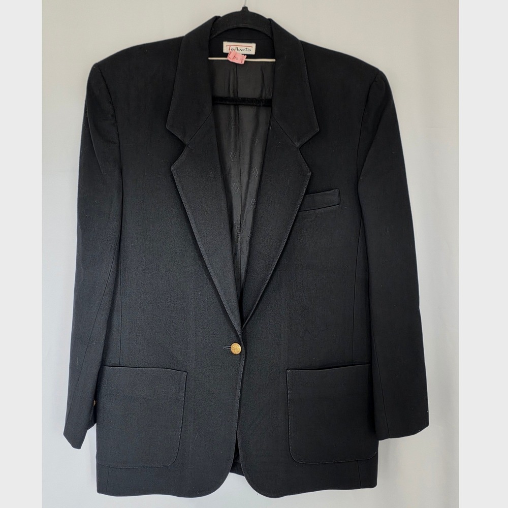 Talbots Vintage Black 100% Pure Wool Blazer Gold Crest Button Made in USA Size 8